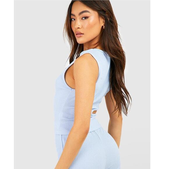 New Large Ribbed Cut Out Waist High Neck Tank Sleeveless Crop Top Baby Blue‎ Y2k - Picture 5 of 5